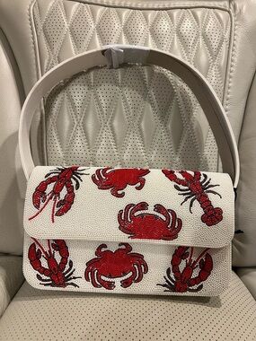 Sincerly Jules White Beaded Shoulder Bag with Red Crab & Lobster Motifs